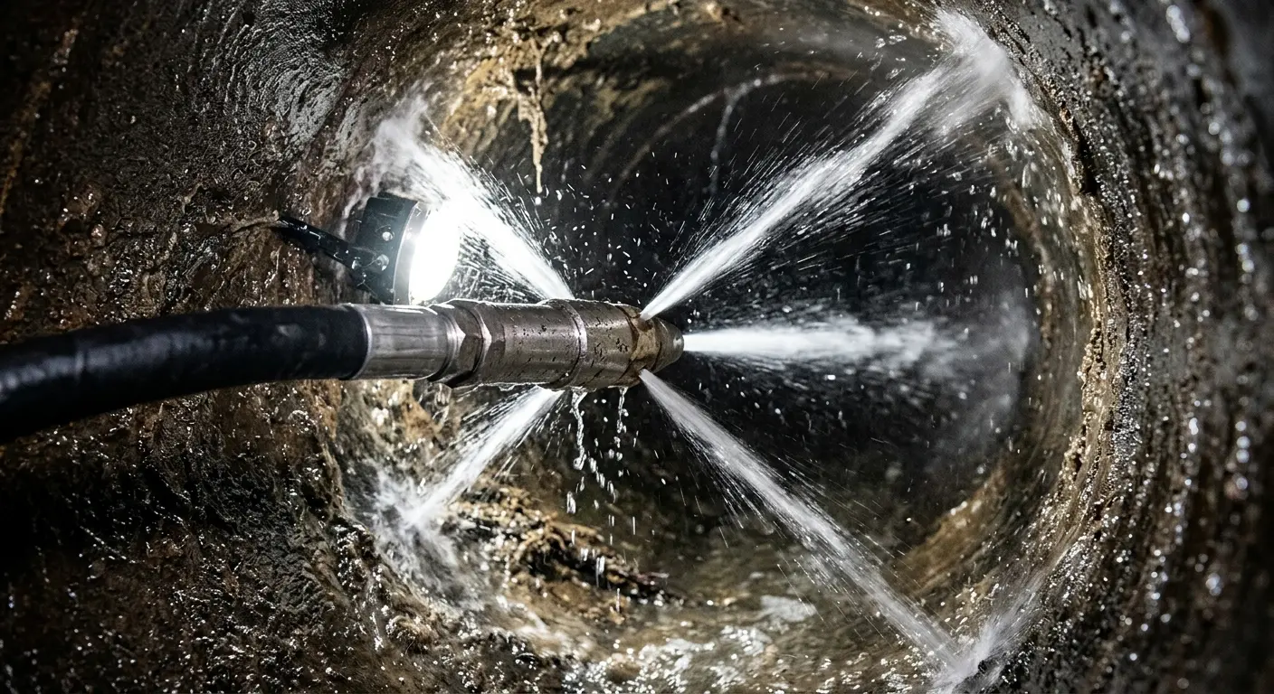 High-pressure hydro jetting nozzle cleaning sewer pipe for Sewer Line Relining in Bethel