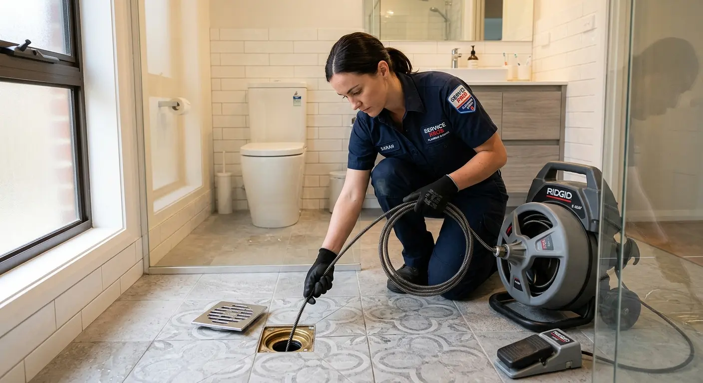 Technician clearing a bathroom floor drain for Sewer Line Replacement in Bethel
